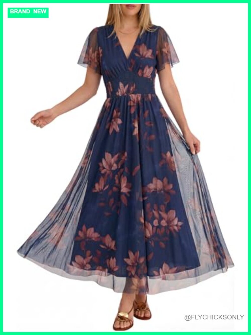 Womens Floral Tulle Short Sleeve Maxi Dress VNeck Summer Wedding Guest